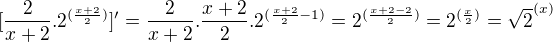 $[\frac{2}{x+2}.2^{(\frac{x+2}{2})}]'=\frac{2}{x+2}.\frac{x+2}{2}.2^{(\frac{x+2}{2}-1)}=2^{(\frac{x+2-2}{2})}=2^{(\frac{x}{2})}=\sqrt2^{(x)}$