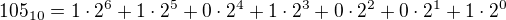 $105_{10}=1\cdot 2^6+1\cdot 2^5+0\cdot 2^4+1\cdot 2^3+0\cdot 2^2+0\cdot 2^1+1\cdot 2^0$