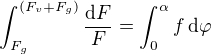 $\int_{F_g}^{(F_v + F_g)} \frac{\mathrm{d}F}{F} = \int_0^{\alpha} f \, \mathrm{d}\varphi$
