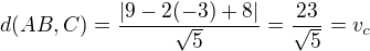 kopírovat do textarea $d(AB,C)=\frac{|9-2(-3)+8|}{\sqrt{5}}=\frac{23}{\sqrt{5}}=v_c$