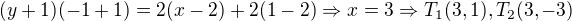 $(y+1)(-1+1)=2(x-2)+2(1-2)\Rightarrow x = 3\Rightarrow T_1(3,1),T_2(3,-3)$