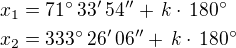 $x_1=71^\circ\,33'\,54''+\,k\cdot\,180^\circ\nlx_2=333^\circ\,26'\,06''+\,k\cdot\,180^\circ$
