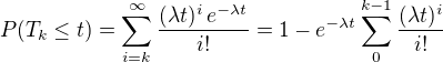 $P(T_k \le t) = \sum_{i = k}^{\infty} \frac{(\lambda t)^i \, e^{-\lambda t}}{i!} = 1-e^{-\lambda t}\sum_{0}^{k-1} \frac{(\lambda t)^i}{i!}$