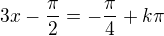$3x-\frac\pi2=-\frac\pi4+k\pi$
