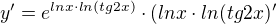 $y' = e^{lnx\cdot ln(tg2x)}\cdot (lnx\cdot ln(tg2x)'$