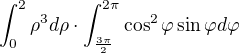 $\int_{0}^{2} \rho^{3} d\rho \cdot \int_{\frac{3\pi}{2}}^{2\pi} \cos^{2} \varphi \sin \varphi d\varphi$