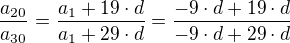 $\frac{a_{20}}{a_{30}}=\frac{a_{1}+19\cdot d}{a_{1}+29\cdot d}=\frac{-9\cdot d+19\cdot d}{-9\cdot d+29\cdot d}$