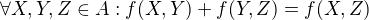 $\forall X,Y,Z\in A:f(X,Y)+f(Y,Z)=f(X,Z)$