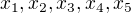 $x_{1}, x_{2}, x_{3}, x_{4}, x_{5}$