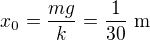 $x_0=\frac{mg}{k}=\frac{1}{30}\ \text m $
