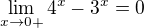 $\lim_{x\to0+}4^{x}-3^{x}=0$