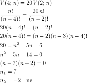 $V(4;\,n)=20\,V(2;\,n)\nl\frac{n!}{(n-4)!}=\frac{20\,n!}{(n-2)!}\nl20(n-4)!=(n-2)!\nl20(n-4)!=(n-2)(n-3)(n-4)!\nl20=n^2-5n+6\nln^2-5n-14=0\nl(n-7)(n+2)=0\nln_1=7\nln_2=-2\quad\rm{ne}$