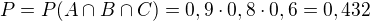 $P = P(A\cap B\cap C) = 0,9\cdot 0,8\cdot 0,6 = 0,432$