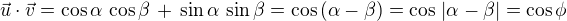 $\vec u \cdot \vec v = \cos \alpha \,\cos \beta \,+\, \sin \alpha \,\sin \beta = \cos\,(\alpha -\beta) = \cos\,|\alpha -\beta| = \cos \phi$