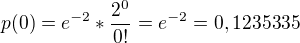 $p(0)=e^{-2}*\frac{2^{0}}{0!}=e^{-2}=0,1235335$
