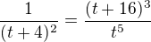 $\frac{1}{(t+4)^2}=\frac{(t+16)^3}{t^5}$
