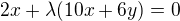 $2x + \lambda(10x + 6y) = 0$