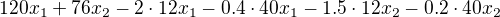 $120x_1+76x_2-2\cdot 12x_1-0.4\cdot 40x_1-1.5\cdot 12x_2-0.2\cdot 40x_2$