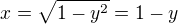 $x = \sqrt{1-y^2}=1-y $