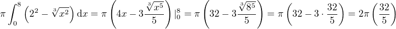 $\pi\int_0^8 \left(2^2-\sqrt[3] {x^2}\right)\mathrm{d}x=\pi\left(4x-3\frac{\sqrt[3] {x^5}}{5}\right)|_0^8=\pi\left(32-3\frac{\sqrt[3]{8^5}}{5}\right)=\pi\left(32-3\cdot \frac{32}{5}\right)=2\pi\left(\frac{32}{5}\right)$