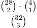 $\frac{{28\choose2}\cdot{4\choose1}}{{32\choose3}}$