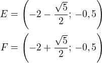 $E=\left(-2-\frac{\sqrt 5}{2};\,-0,5\right)\\F=\left(-2+\frac{\sqrt 5}{2};\,-0,5\right)$