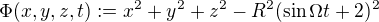 kopírovat do textarea $\Phi (x,y,z,t):=x^2 +y^2 +z^2 -R^2(\sin \Omega t + 2)^2$