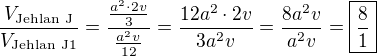 $\frac{V_{\text{Jehlan J}}}{V_{\text{Jehlan J1}}}=\frac{\frac{a^2 \cdot 2v}{3}}{\frac{a^2v}{12}}=\frac{12a^2 \cdot 2v}{3a^2v}=\frac{8a^2v}{a^2v}=\boxed{\frac{8}{1}}$