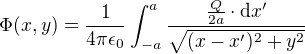 $\Phi(x,y)=\frac{1}{4\pi\epsilon_0}\int_{-a}^{a}\frac{\frac{Q}{2a}\cdot\textrm{d}x'}{\sqrt{(x-x')^2+y^2}}$
