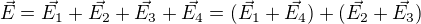 $\vec{E}=\vec{E_1}+\vec{E_2}+\vec{E_3}+\vec{E_4}=(\vec{E_1}+\vec{E_4})+(\vec{E_2}+\vec{E_3})$