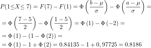 $P(1{\leq}X{\leq7})=F(7)-F(1)=\Phi\left(\frac{b-\mu}{\sigma}\right)-\Phi\left(\frac{a-\mu}{\sigma}\right)=\nl=\Phi\left(\frac{7-5}{2}\right) - \Phi\left(\frac{1-5}{2}\right)=\Phi\left(1\right) - \Phi\left(-2\right)=\nl=\Phi\left(1\right) - (1-\Phi\left(2\right))=\nl=\Phi\left(1\right) - 1+\Phi\left(2\right)=0.84135-1+0,97725=0.8186$