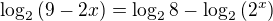 $\log_2{(9-2x)} = \log_2{8} - \log_2{(2^{x})}$