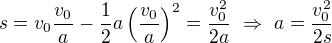 $s=v_0\frac{v_0}{a}-\frac12a\left(\frac{v_0}{a}\right)^2=\frac{v_0^2}{2a}\ \Rightarrow\ a=\frac{v_0^2}{2s}$