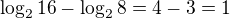 $\log_{2}16-\log_{2}8=4-3=1$