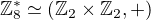 $\mathbb{Z}_8^{*}\simeq (\mathbb{Z}_2\times \mathbb{Z}_2, +)$