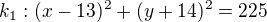 $k_1:(x - 13)^2 + (y+ 14)^2 = 225$