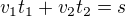 $v_1t_1+v_2t_2=s$