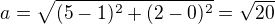 $a=\sqrt{(5-1)^2+(2-0)^2}=\sqrt{20}$