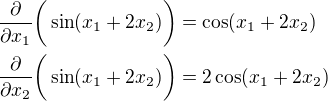 kopírovat do textarea $\frac{\partial}{\partial x_{1}}\bigg(\sin(x_{1}+2x_{2})\bigg) =\cos (x_{1}+2x_{2})\nl \frac{\partial}{\partial x_{2}}\bigg(\sin(x_{1}+2x_{2})\bigg) =2\cos (x_{1}+2x_{2})$
