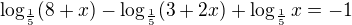 $\log_{\frac15}(8+x)-\log_{\frac15}(3+2x)+\log_{\frac15}x= -1$