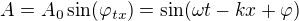$A = A_0 \sin (\varphi_{tx}) = \sin(\omega t -kx+\varphi)$