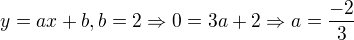 $y=ax+b, b=2 \Rightarrow 0=3a + 2 \Rightarrow a=\frac{-2}{3}$