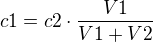 $c1=c2\cdot \frac{V1}{V1+V2}$