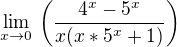 $\lim_{x\to 0} \, \left(\frac{4^x-5^x}{x(x*5^x+1)}\right)$