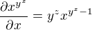 $\frac{\partial x^{y^z}}{\partial x}=y^z x^{y^z-1}$