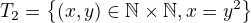 $T_{2}=\{(x, y)\in \mathbb{N}\times\mathbb{N}, x=y^{2}\}$