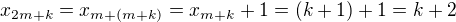 $x_{2m+k} =x_{m +(m+k)} = x_{m+k} + 1 = (k+1) + 1 = k + 2$