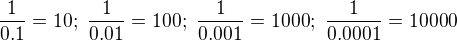 $\frac{1}{0.1}=10;\ \frac{1}{0.01}=100;\ \frac{1}{0.001}=1000;\ \frac{1}{0.0001}=10000$
