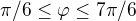 $\pi/6\leq \varphi\leq 7\pi/6$