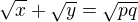 $\sqrt{x}+\sqrt{y}=\sqrt{pq}$